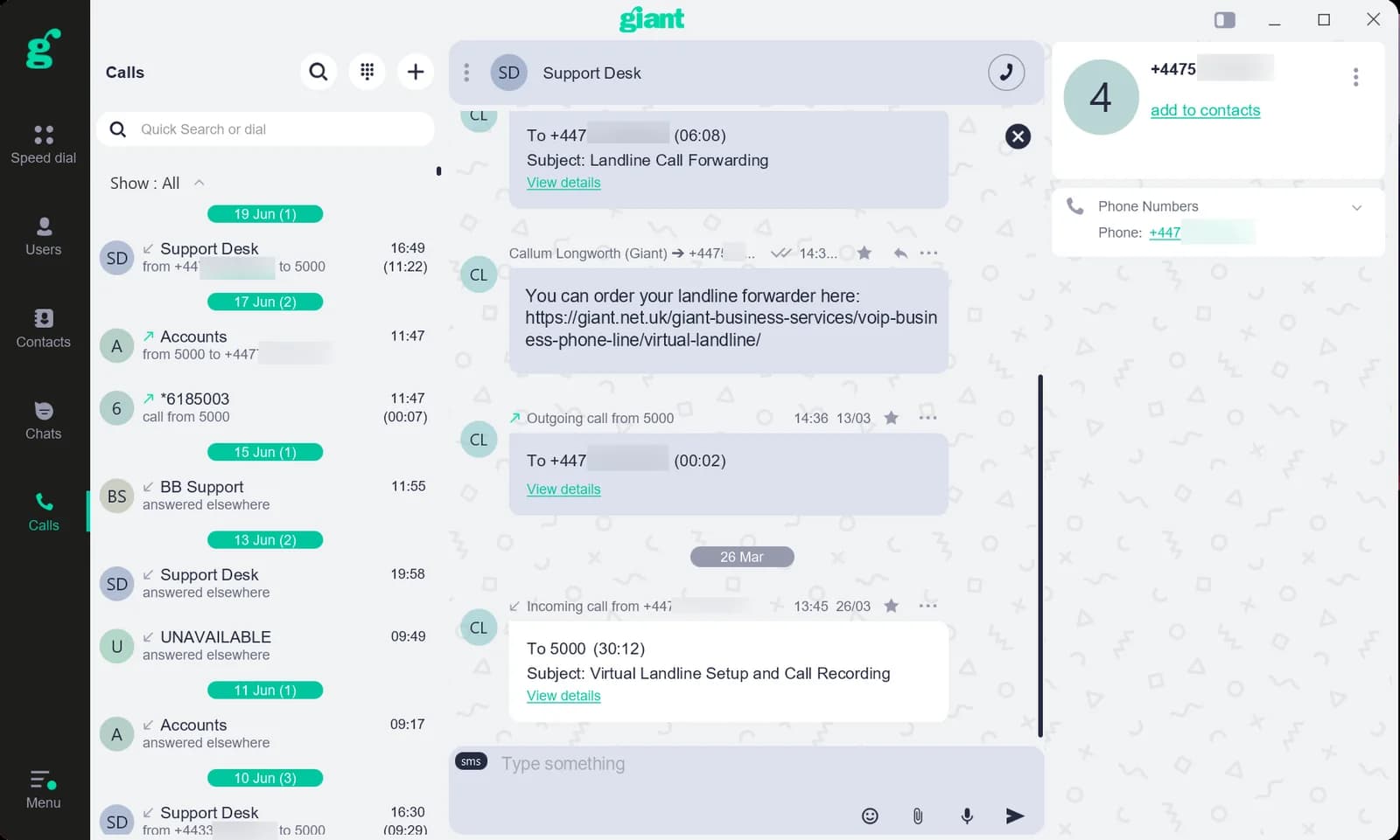VoiceCloud desktop app — sidebar with Dialler / Recents / Voicemail / Contacts, main pane showing the dial-pad and an active call.