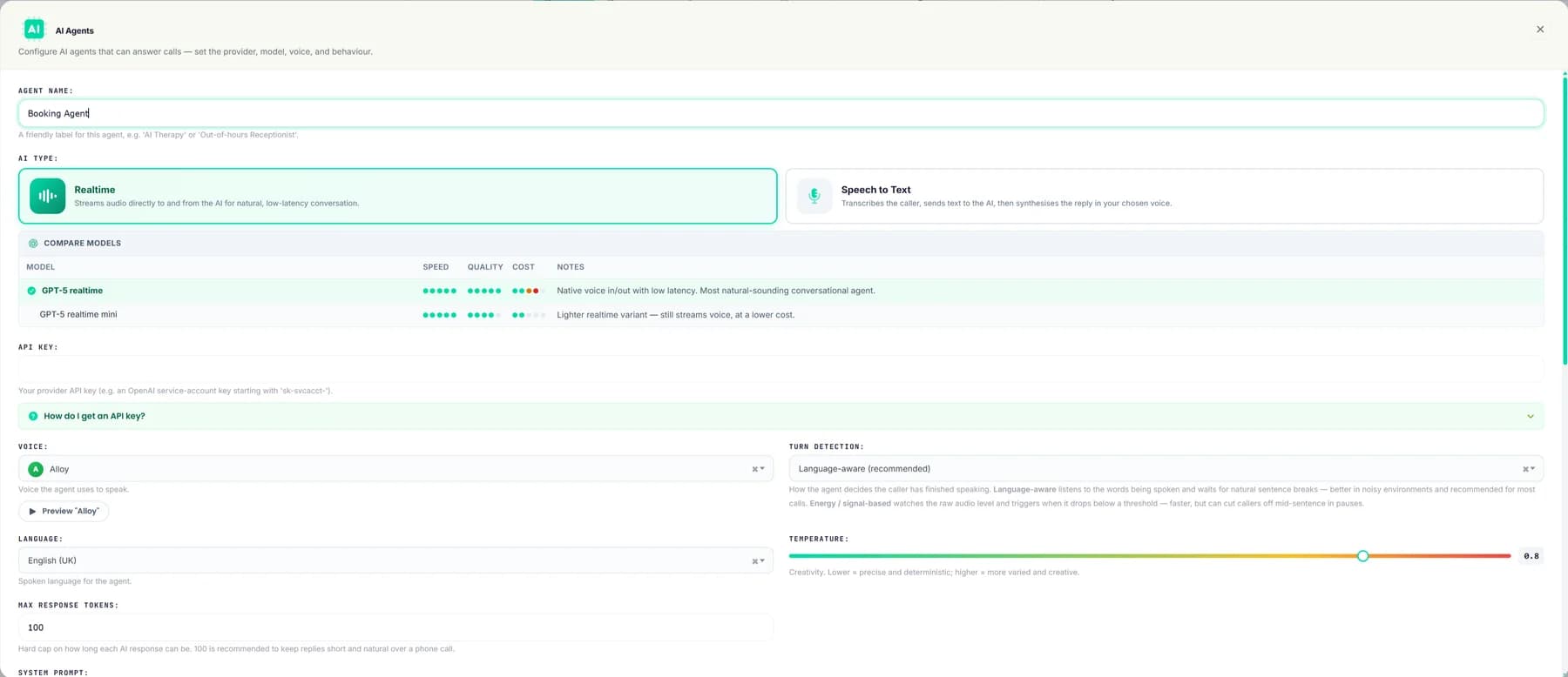 AI Agents configuration modal — agent name, realtime/speech-to-text type selector, model comparison table (GPT-5 realtime, GPT-5 realtime mini), voice picker, language and temperature controls.
