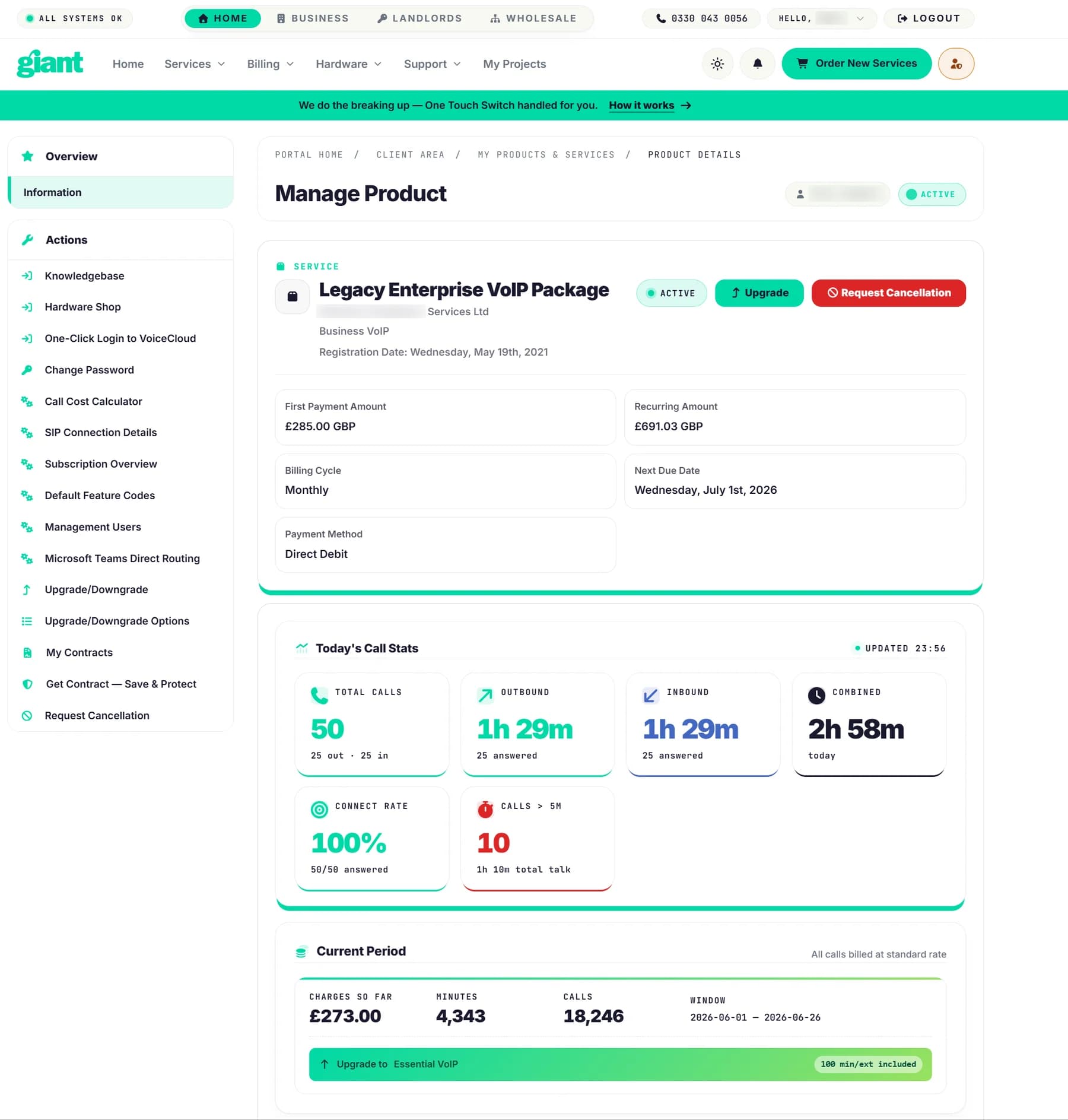 Manage product page — service info, today's call stats grid, current period billing summary, sidebar of self-service actions.