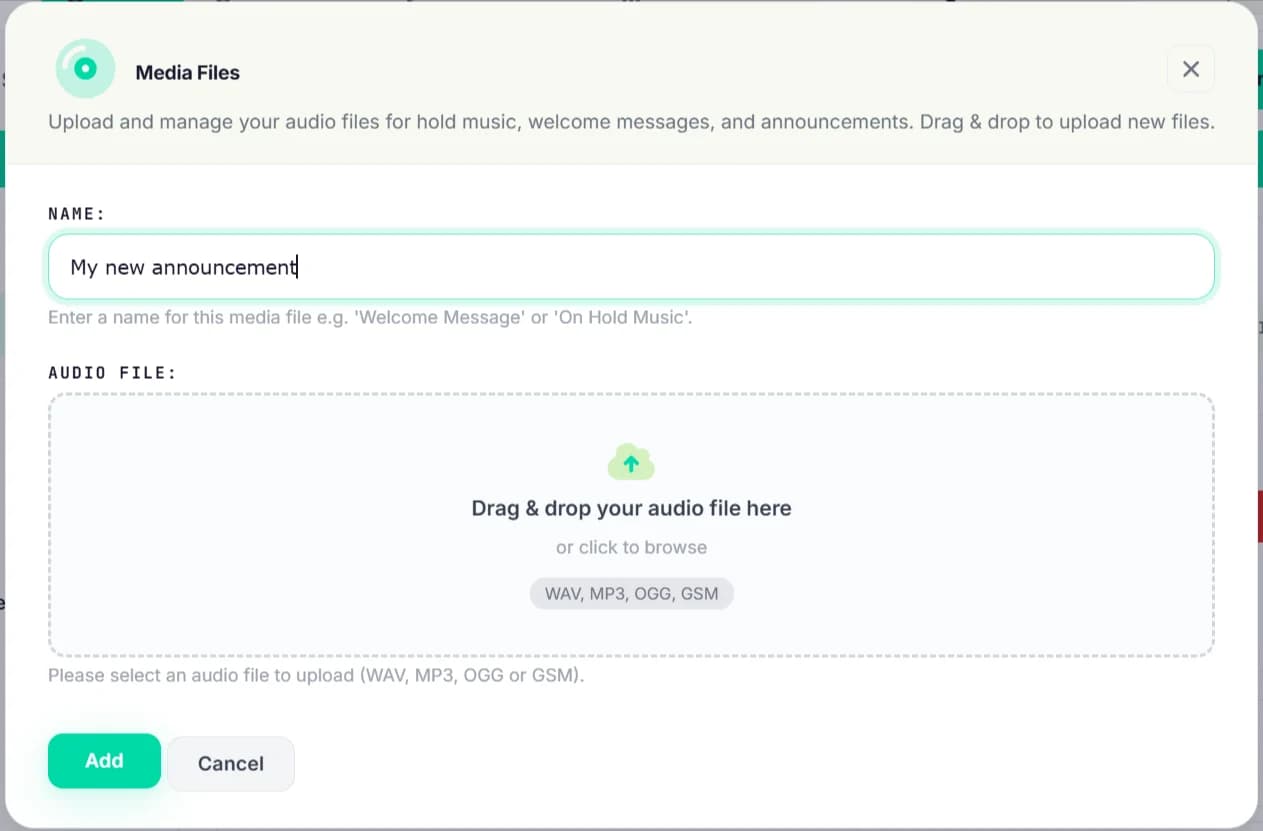 Media Files panel — drag-and-drop upload for hold music, welcome messages and IVR announcements. WAV / MP3 / OGG / GSM supported.
