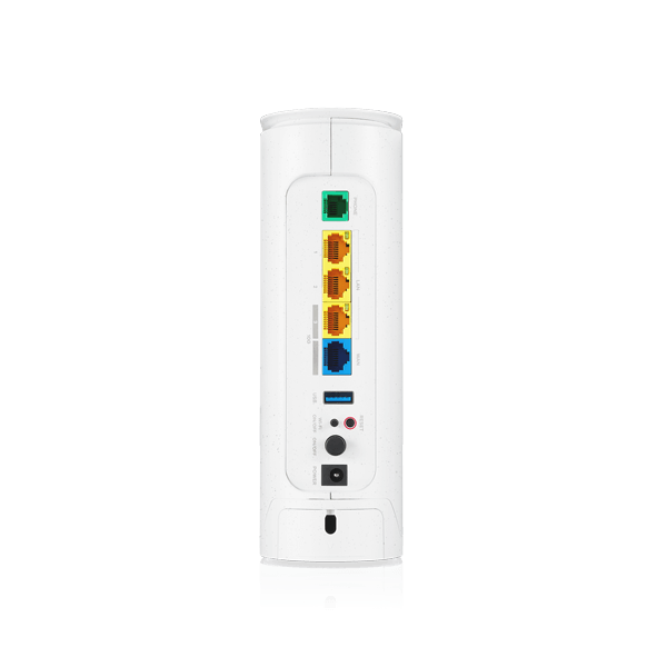 Zyxel EE5301 rear view showing FXS phone port, 3 LAN ports, 10G WAN port, USB 3.0, and reset button.